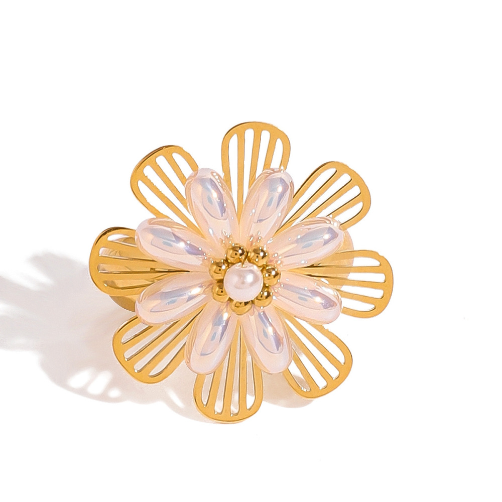1 Paire De Bagues Ajustables Pour Femme, Série Classique, Style Rétro, En Acier Inoxydable Plaqué Or , Avec Perles Artificielles Image5