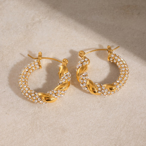 1 Paire De Boucles D'Oreilles Créoles Torsadées Classiques En Acier Inoxydable Plaqué Or Avec Strass Pour Femme h5 Image2