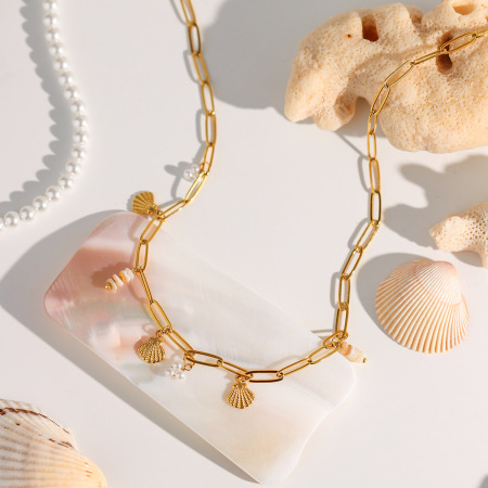 Collier Pendentif Coquillage Fileté En Acier Inoxydable Doré Étanche (1 Pièce)