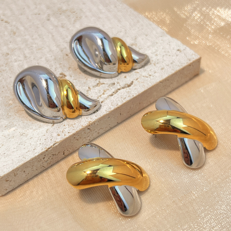 1 Paire De Boucles D'Oreilles Puces Pour Femme, Style Rétro Moderne, Forme Irrégulière, Acier Inoxydable, Étanches, Coloris Or Et Argent. h5Image4