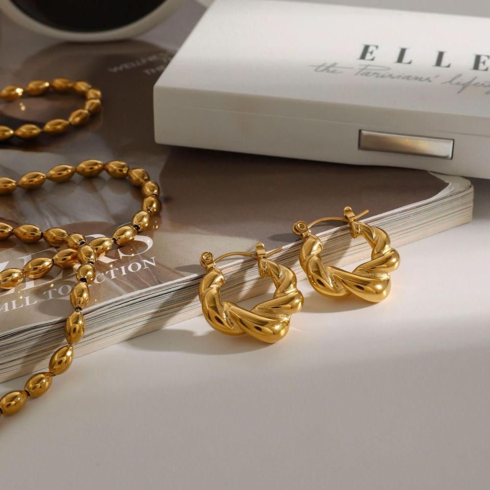 1 Paire De Boucles D'Oreilles Créoles Annulaires Daily Twist En Acier Inoxydable Étanche Couleur Or Pour Femme, Collection Classique Daily Twist Image5