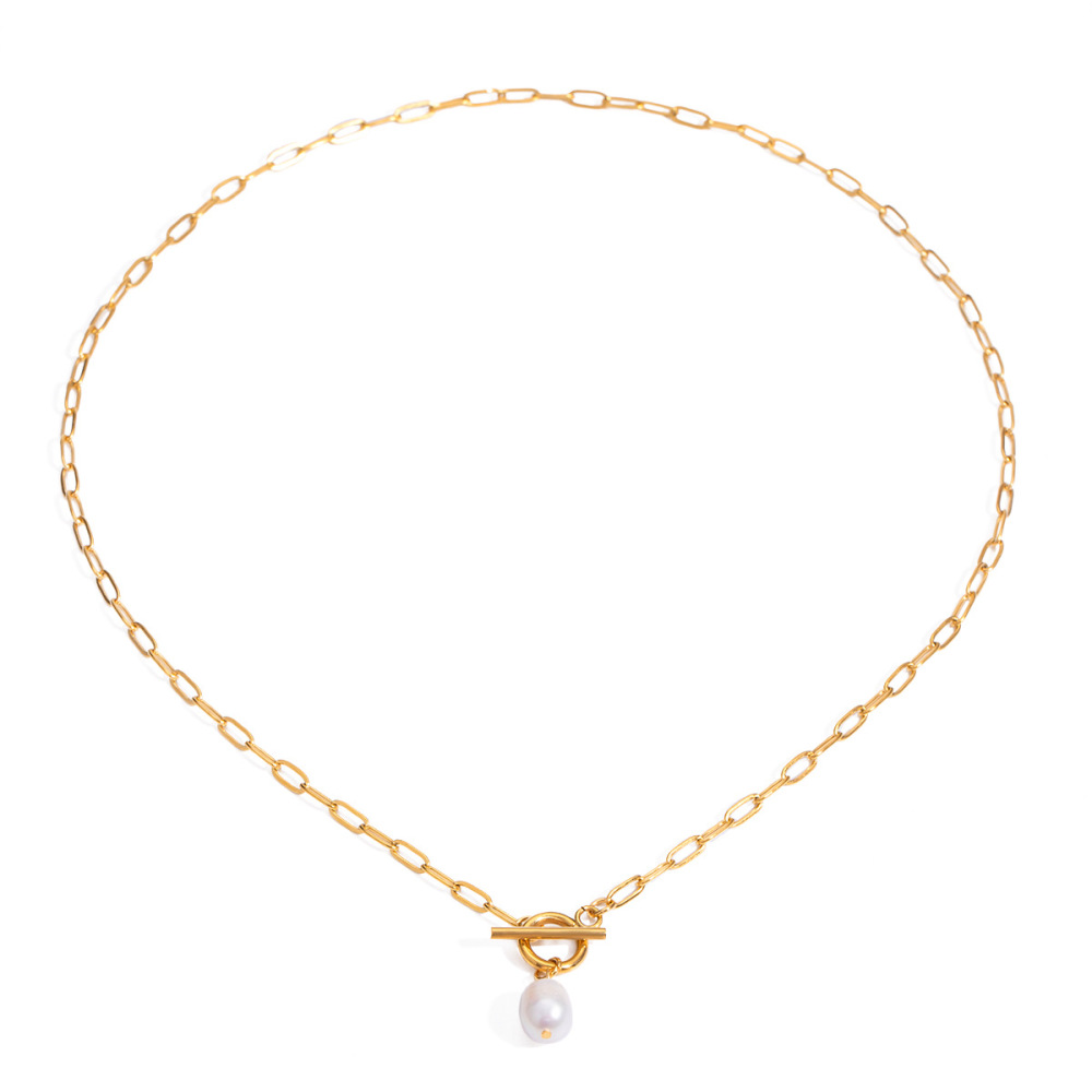 Collier Avec Pendentif Géométrique Classique En Acier Inoxydable Plaqué Or  Et Perles Artificielles Pour Femme, Série Simple, 1 Pièce Image4