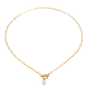 Collier Avec Pendentif Géométrique Classique En Acier Inoxydable Plaqué Or  Et Perles Artificielles Pour Femme, Série Simple, 1 Pièce h5 Image4