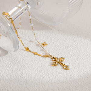 Collier Avec Pendentif Croix Classique En Acier Inoxydable Plaqué Or  Et Perles Artificielles Pour Femme, 1 Pièce h5 Image6