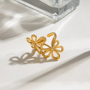 Bague Ajustable Pour Femme, Collection Romantique, Élégante, Double Fleur, En Acier Inoxydable Étanche Couleur Or. h5 Image6