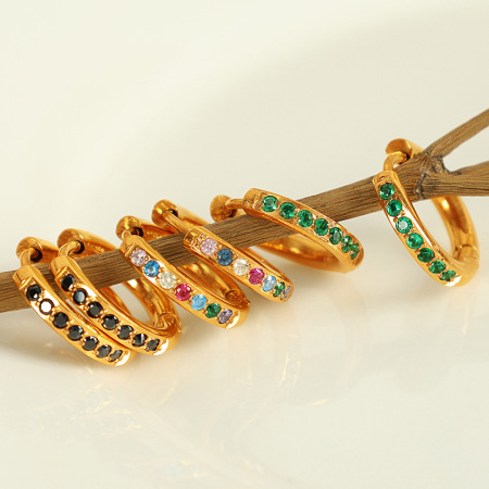 1 paire de boucles d'oreilles créoles géométriques classiques en acier inoxydable plaqué or  et zircon pour femme
