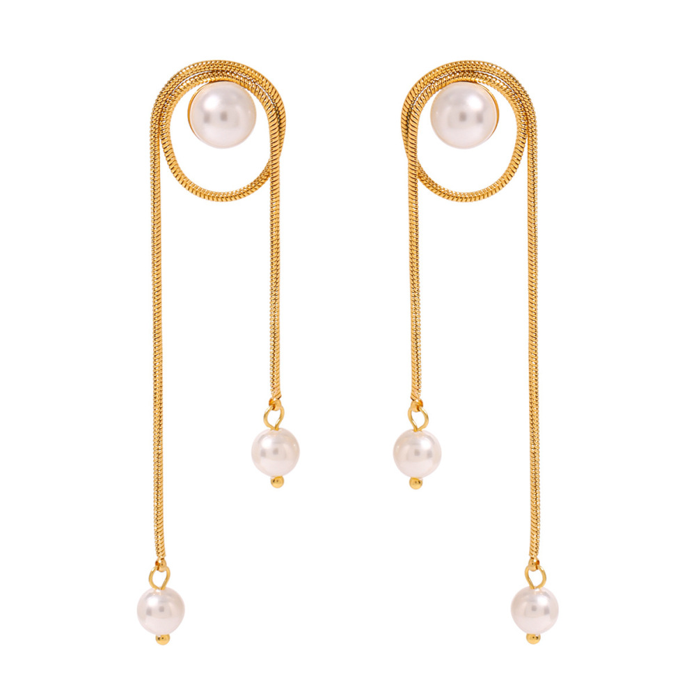 Boucles D'Oreilles Pendantes Élégantes Et Géométriques En Acier Inoxydable Plaqué Or Avec Perles Artificielles (1 Paire) Image6