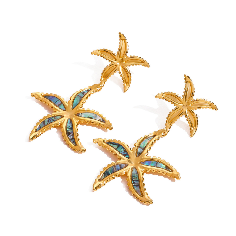 1 Paire De Boucles D'Oreilles Pendantes Pour Femme, Série Classique, Étoile De Mer , En Acier Inoxydable Plaqué Or  Image5