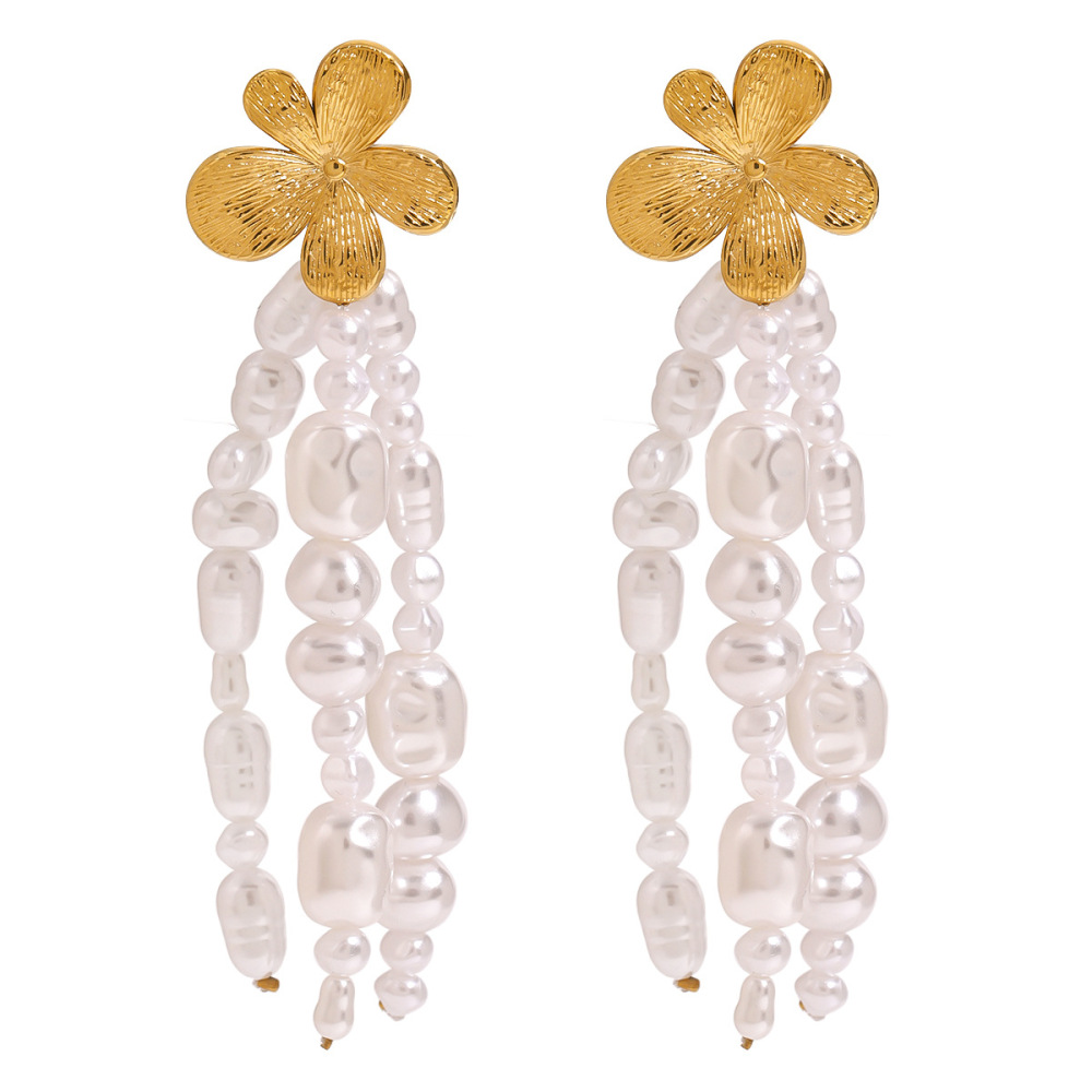Boucles D'Oreilles Élégantes À Pompons Et Fleurs, En Acier Inoxydable Doré, Imperméables, Pour Femme (1 Paire) Image8