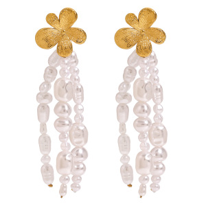 Boucles D'Oreilles Élégantes À Pompons Et Fleurs, En Acier Inoxydable Doré, Imperméables, Pour Femme (1 Paire) h5 Image8