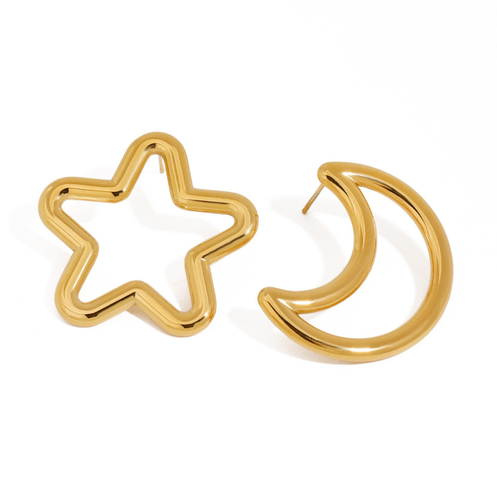 Boucles D'Oreilles Puces Minimalistes Classiques Lune Et Étoile En Acier Inoxydable Étanche Couleur Or Pour Femme (1 Paire) Image6