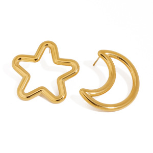Boucles D'Oreilles Puces Minimalistes Classiques Lune Et Étoile En Acier Inoxydable Étanche Couleur Or Pour Femme (1 Paire) h5 Image6
