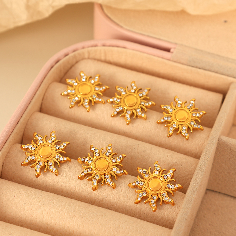 1 Paire De Boucles D'Oreilles À Tige Rétro Soleil/Lune En Acier Inoxydable Plaqué Or Avec Strass Pour Femme Image3