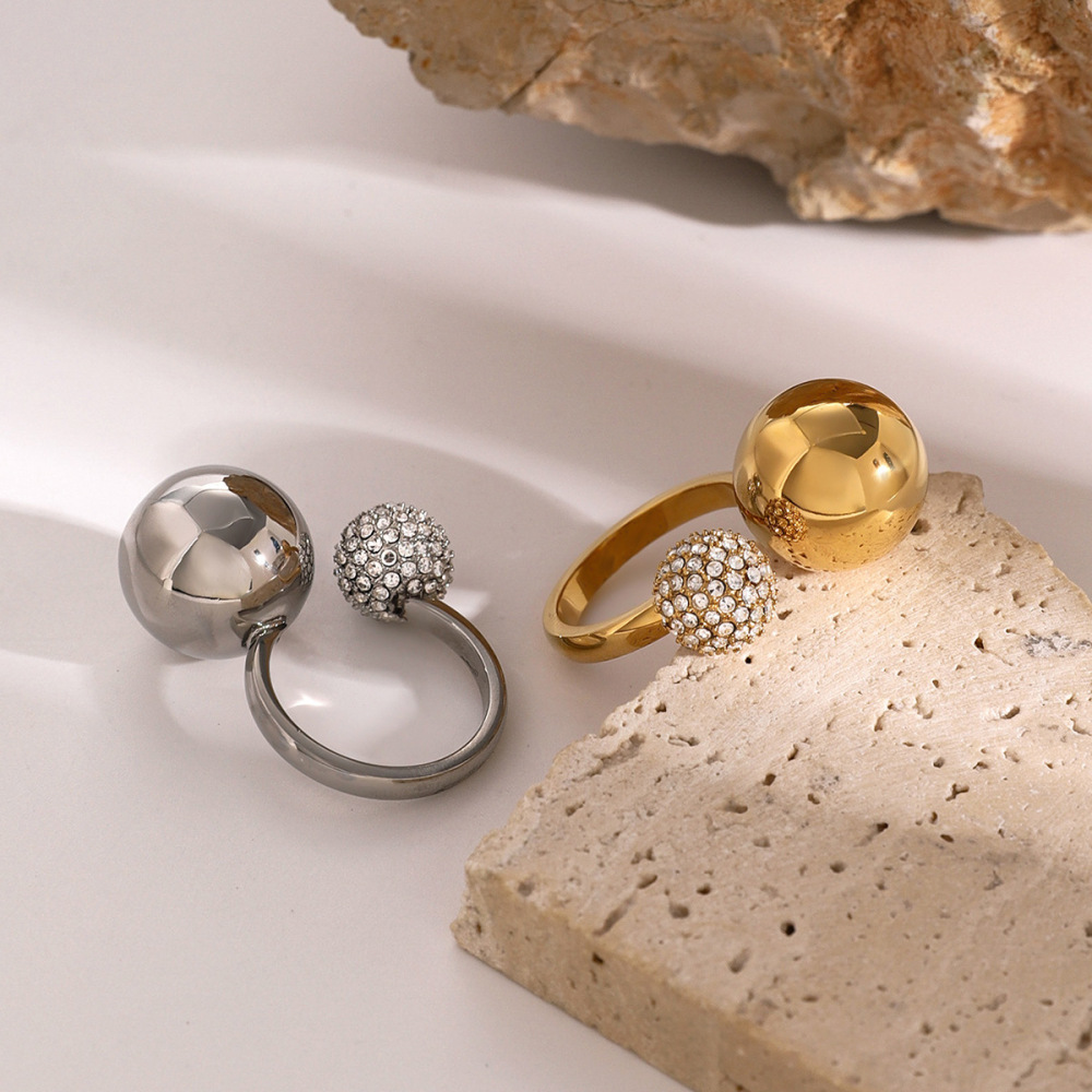 1 Paire De Bagues Ouvertes En Acier Inoxydable Avec Perles Asymétriques Incrustées De Diamants, Bijoux De Mode Polyvalents, Bagues Réglables Pour Femmes h5Image3