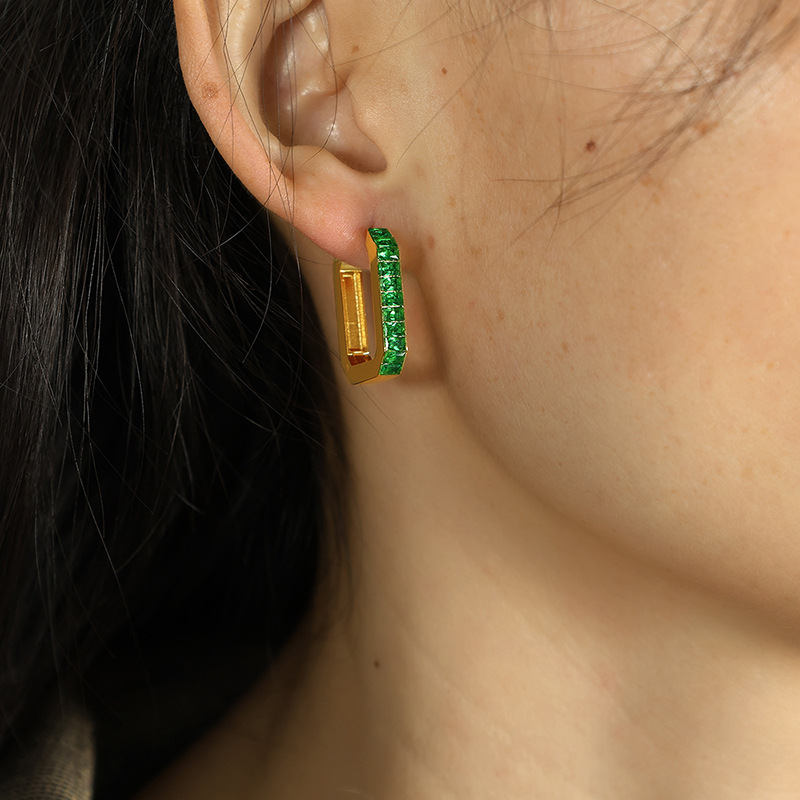1 Paire De Boucles D'Oreilles Créoles Géométriques Classiques En Acier Inoxydable Plaqué Or  Et Zircon Pour Femme Image3