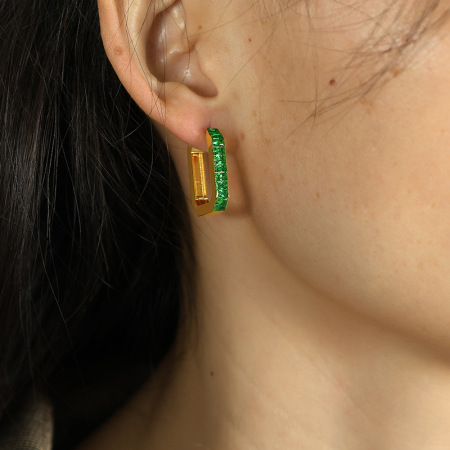 1 paire de boucles d'oreilles créoles géométriques classiques en acier inoxydable plaqué or et zircon pour femme 2