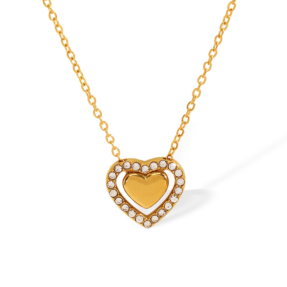 Collier Avec Pendentif En Forme De Cœur Élégant En Acier Titane Plaqué Or  Et Strass Pour Femme, Série Romantique, 1 Pièce Image6