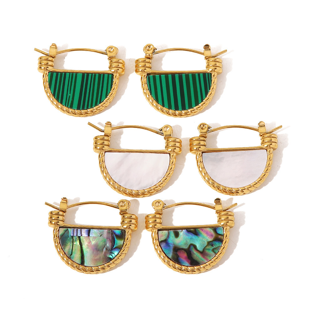 1 Paire De Boucles D'Oreilles Créoles Géométriques Quotidiennes En Acier Inoxydable Plaqué Or  Et Pierres Naturelles Pour Femmes, Série Classique Image10