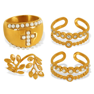 1 Paire De Bagues Ajustables Pour Femme, Série Simple, Style Rétro, Croix, En Acier Inoxydable Plaqué Or , Avec Perles Artificielles h5 Image5
