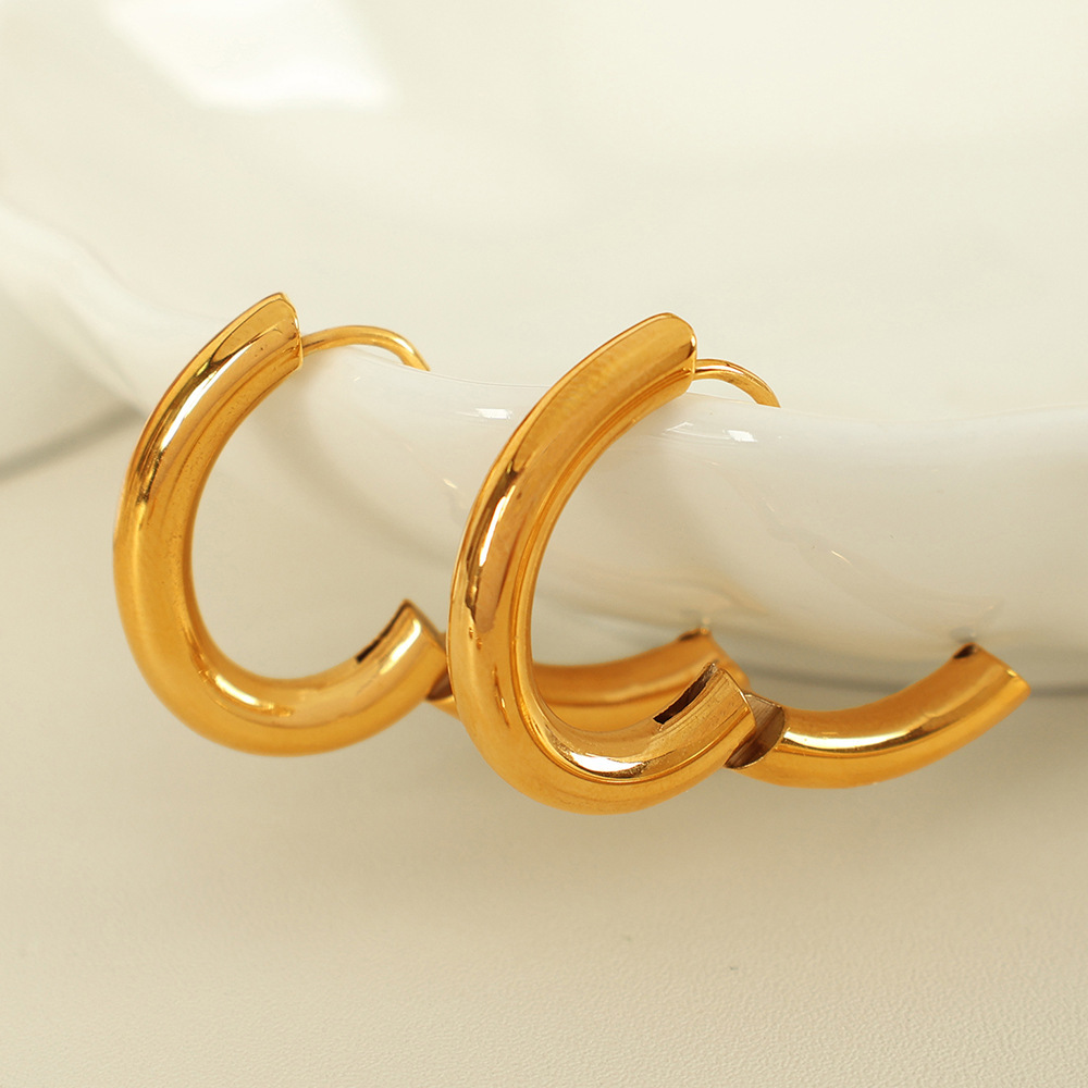 1 Paire De Boucles D'Oreilles Créoles Classiques En Acier Inoxydable Plaqué Or Pour Femme, Série Simple Image4