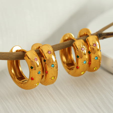 1 paire de boucles d'oreilles créoles rétro géométriques en acier inoxydable plaqué or  avec strass pour femme