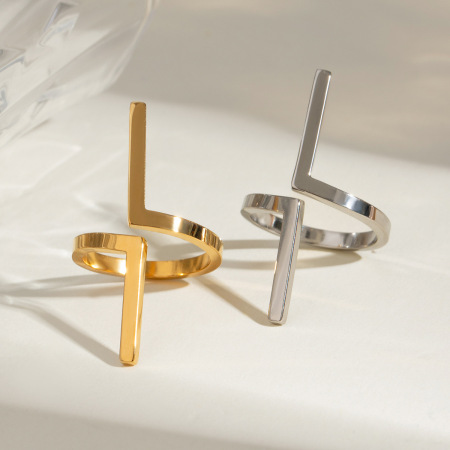 Bague ajustable pour femme, style géométrique simple, en acier inoxydable plaqué or et étanche. 2