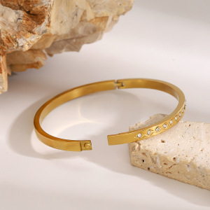 Bracelet Jonc Femme Style Rétro Français Classique, Rond, En Acier Inoxydable, Couleur Or, Étanche, À Motif Losange. h5 Image3