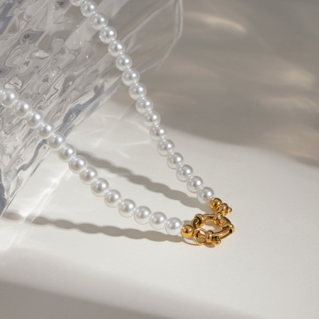 collier de perles élégant en acier inoxydable plaqué or pour femme, série classique, 1 pièce
