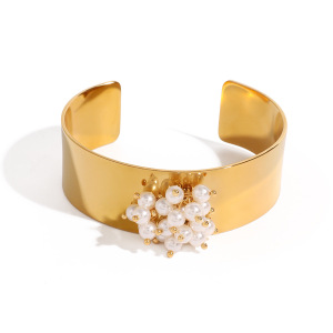 Bracelet Rétro Géométrique En Acier Inoxydable Plaqué Or  Avec Perles Artificielles Pour Femme, Série Simple, 1 Pièce h5 Image4