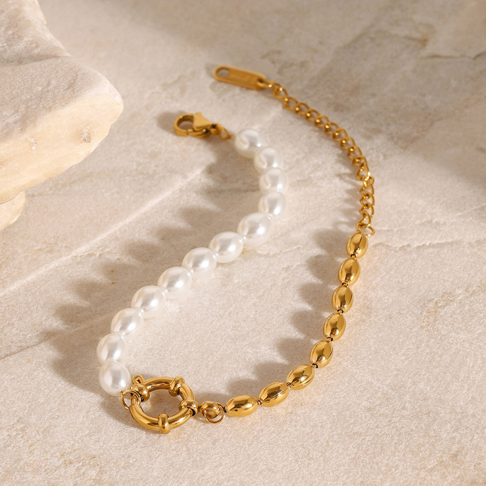 Bracelet De Perles Artificielles Ovales En Acier Inoxydable Plaqué Or Pour Femme, Série Classique , 1 Pièce h5Image2