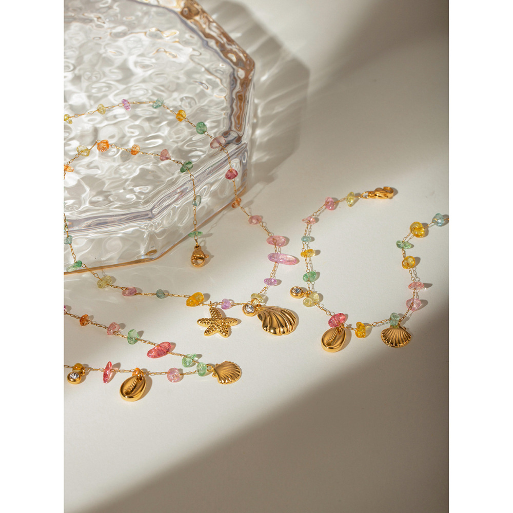 Pendentif En Strass En Acier Inoxydable Doré  De Style Européen Et Américain Transfrontalier, Coquillage De Gravier Coloré, Étoile De Mer,  Image3