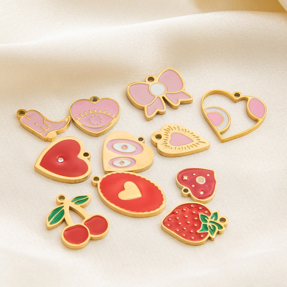 Pendentif Femme Diy En Acier Inoxydable, Couleur Or, En Forme De Goutte, Motif Fraise Douce, Collection Romantique (1 Pièce) h5Image4