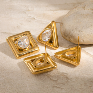 1 Paire De Boucles D'Oreilles À Tige Géométriques Simples En Acier Inoxydable Plaqué Or Et Zircon Pour Femmes h5 Image2
