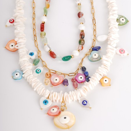 Collier de perles aléatoires pour femme, collection Délicate, motif œil de vacances, coquillage naturel, acier inoxydable, étanche, couleur or.