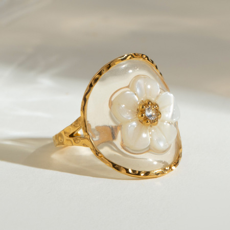 1 paire de bagues ajustables pour femme en acier inoxydable plaqué or  avec strass, série romantique, motif fleur douce 2
