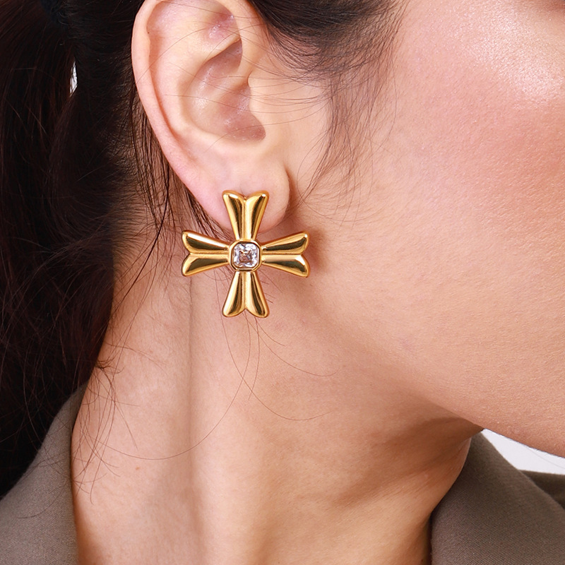 1 Paire De Boucles D'Oreilles Puces Pour Femme, En Acier Inoxydable Doré, Forme Croix, Collection Classique. Image8