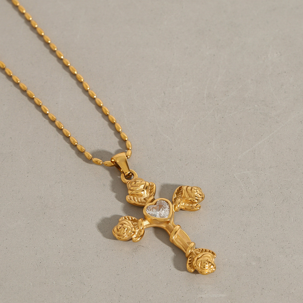 Collier Pendentif Femme En Acier Inoxydable Doré, Étanche, Avec Croix De Ross, Collection Luxueuse (1 Pièce) Image6