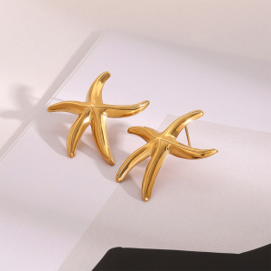Boucles D'Oreilles Puces Pour Femme, En Acier Inoxydable Doré, Forme Étoile De Mer, Collection Romantique, Idéales Pour Les Vacances. Collection Vacances. h5 Image2