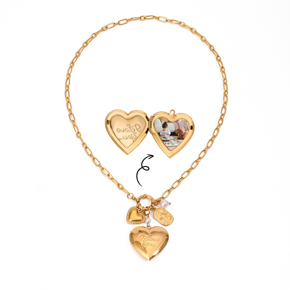 Collier Pendentif Femme Diy En Forme De Cœur, Style Classique, En Acier Inoxydable Étanche Couleur Or (1 Pièce) Image6