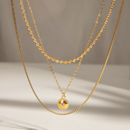 collier élégant annulaire en acier inoxydable plaqué or  avec strass pour femme, série classique, 1 pièce