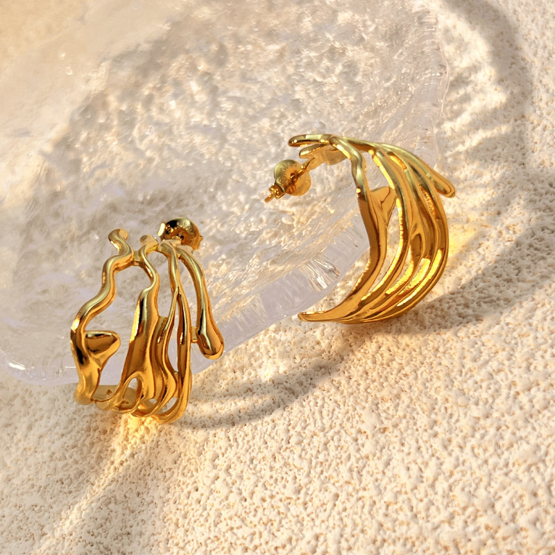 Boucles D'Oreilles Puces Pour Femme, En Acier Inoxydable Doré, Imperméables, De Forme Irrégulière (1 Paire). h5Image4