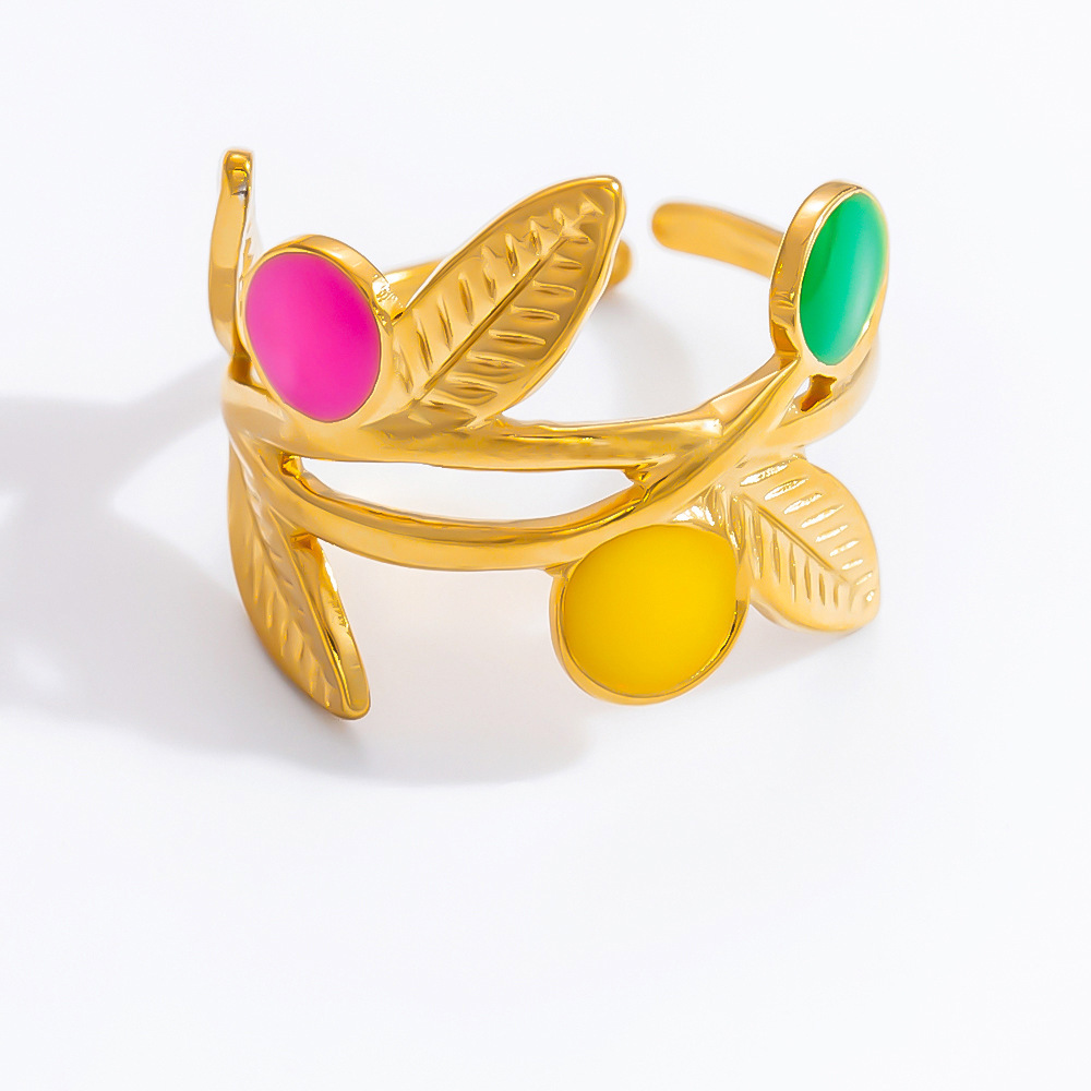 Bague Ajustable Pour Femme, En Acier Inoxydable Doré, Finition Huilée, Motif Branche D'Olivier, Collection Chromatic Series Vivid Olive Branch. Image6
