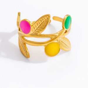 Bague Ajustable Pour Femme, En Acier Inoxydable Doré, Finition Huilée, Motif Branche D'Olivier, Collection Chromatic Series Vivid Olive Branch. h5 Image6