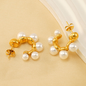 1 Paire De Boucles D'Oreilles Pendantes Géométriques Simples En Acier Inoxydable Plaqué Or  Avec Perles Artificielles Pour Femmes h5 Image3