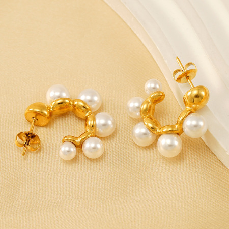1 paire de boucles d'oreilles pendantes géométriques simples en acier inoxydable plaqué or  avec perles artificielles pour femmes 2