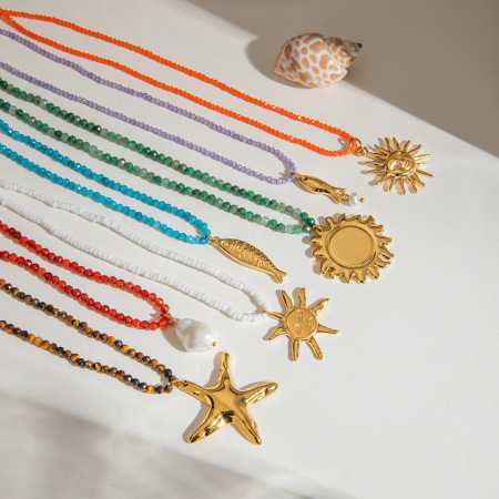 Collier de perles pour femme, collection bohème simple, motif tortue, en acier inoxydable étanche couleur or (1 pièce)
