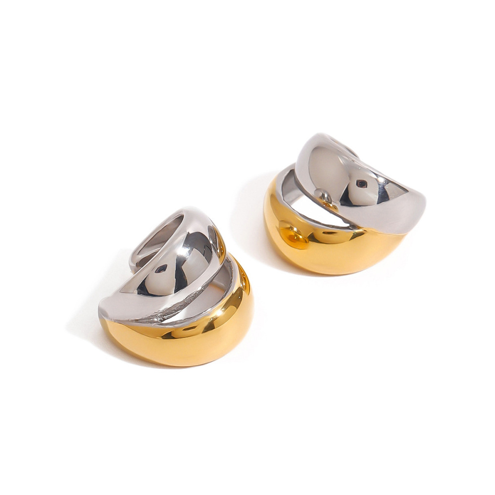 1 Paire De Boucles D'Oreilles Annulaires Simple Series Daily En Acier Inoxydable Étanche, Couleurs Or Et Argent Mélangées, Pour Femmes h5Image6
