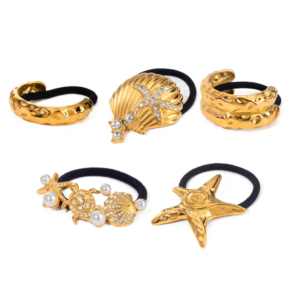 1 Paire D'Élastiques À Cheveux Pour Femme En Acier Inoxydable Plaqué Or , Motif Tortue Rétro, Série Simple h5Image5