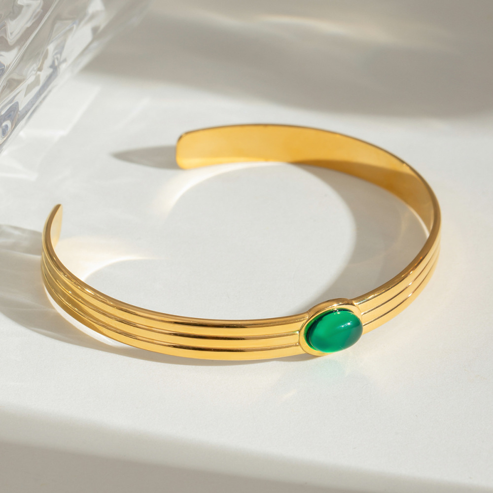 Bracelet Pour Femme, Style Rétro Géométrique, En Acier Inoxydable, Imperméable, Couleur Or, Orné De Pierres Naturelles (1 Pièce) h5Image4