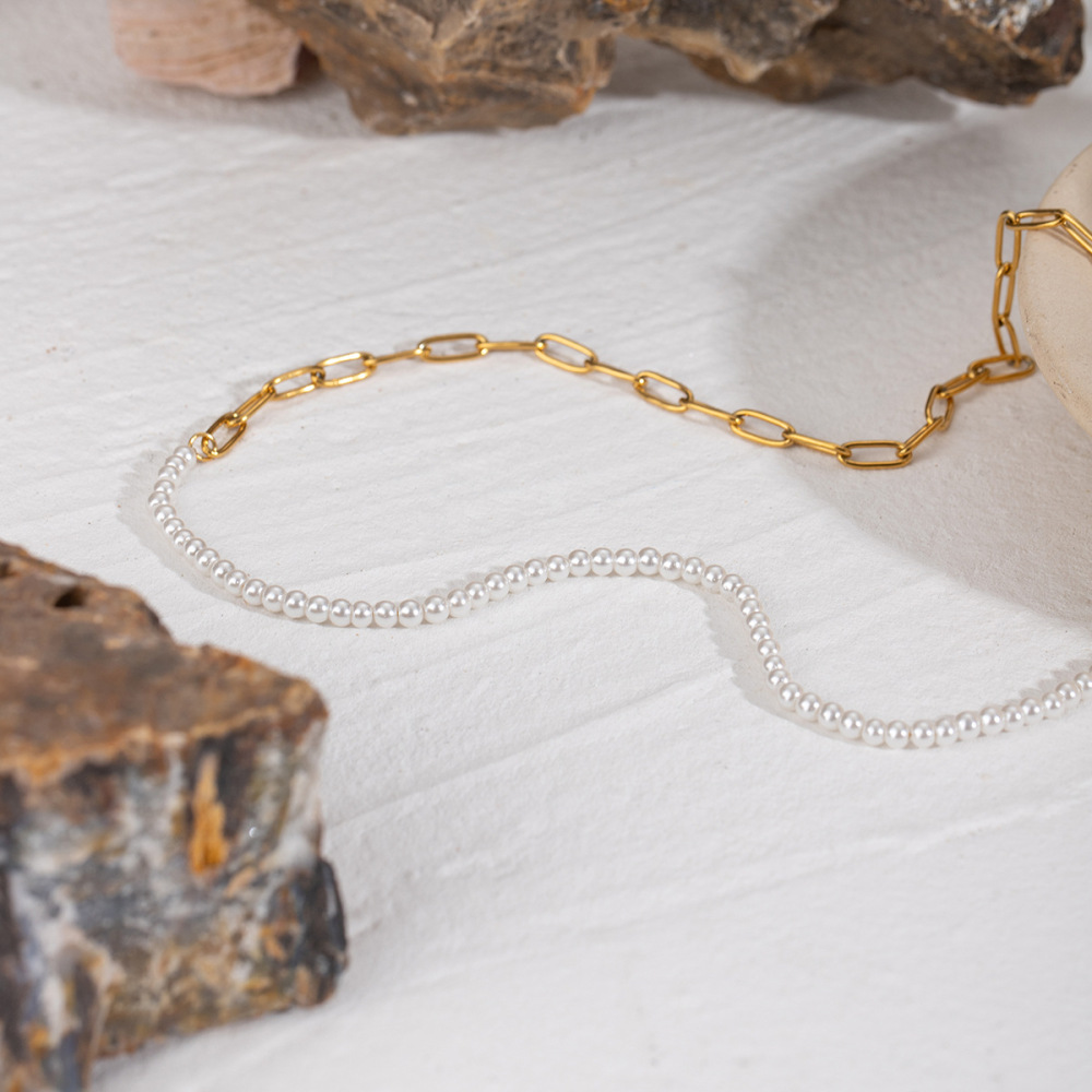 Collier Chaîne Pour Femme, Série Simple, Perles Classiques, En Acier Inoxydable Plaqué Or , Perles Artificielles h5Image2
